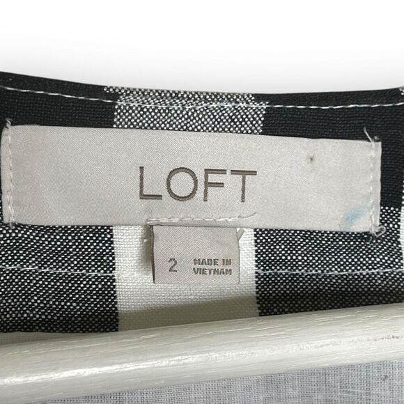 LOFT Gingham Plaid Linen Rayon Button Up Dress Black White V-Neck Women’s Size 2 - Picture 8 of 10